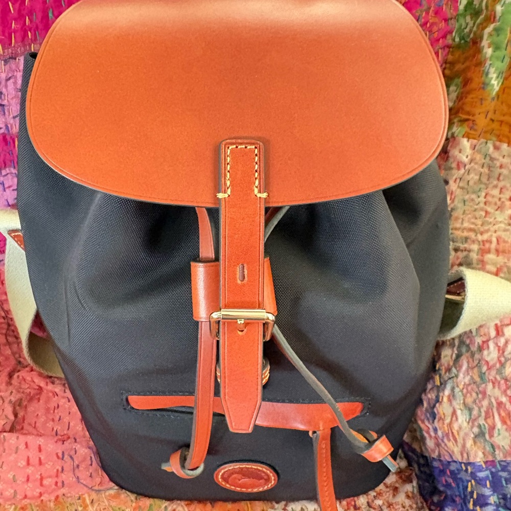 Dooney & Bourke Navy and Tan Leather Trim Drawstring Backpack - Picture 5 of 8